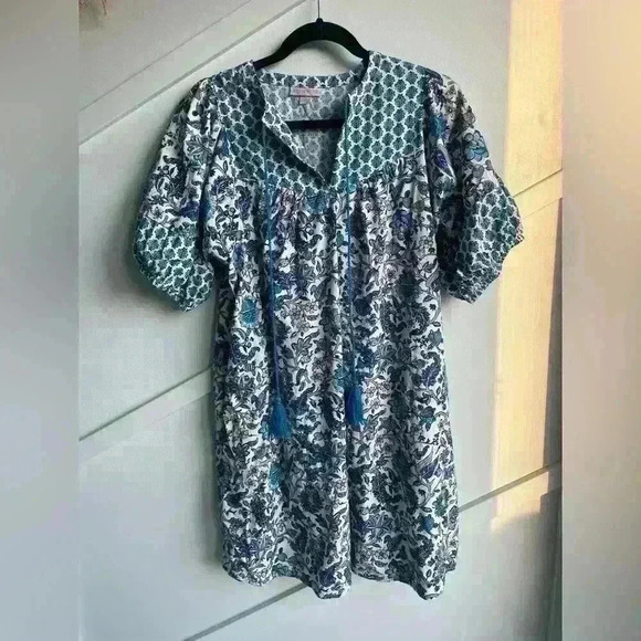 KNOX ROSE dress  Puff Sleeve Blue White Bohemian Floral Tassel Tie Size S - Picture 4 of 11